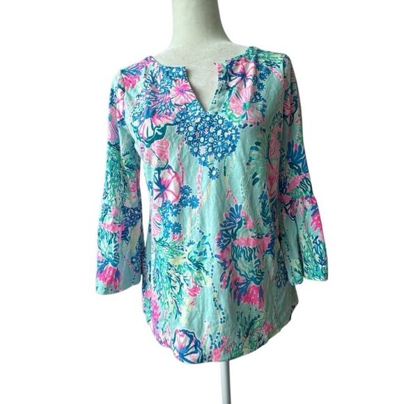 Lilly Pulitzer Ginger Top Floral Green V Neck SZ XXS NWOT - Picture 2 of 13